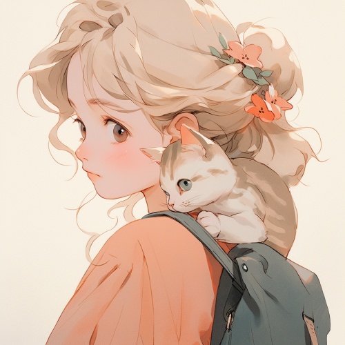 女孩，肩膀上趴着小猫