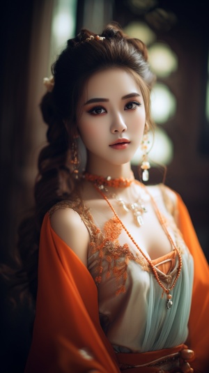 冷清少女穿橘红汉服，优雅高贵的细腻珍珠装饰
