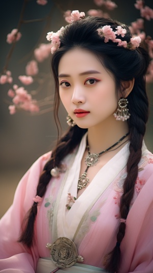穿中式汉服的女孩，正看着镜头，汉服优雅高贵，粉红色的汉服，上面有珍珠装饰，真实细腻，冷清的少女，全身照
