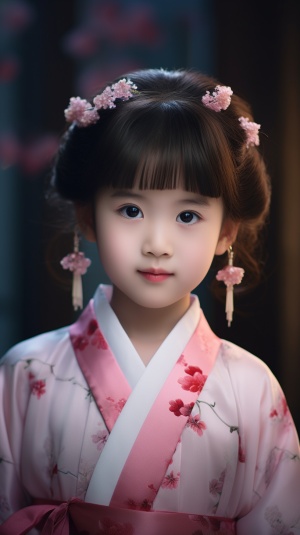 三岁小女孩穿粉红色珍珠装饰的中式汉服