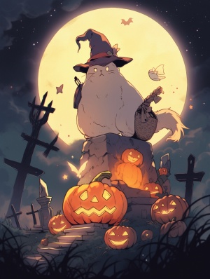 万圣节，圆月中可爱的大胖橘猫带着巫婆帽子向着月亮嚎叫，呆萌，可爱，漂浮的白色幽灵，极致细节，轮廓光，墓园中的南瓜灯背景，电影特效