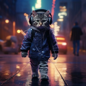 灰色虎斑猫穿黑色卫衣戴耳机酷炫帅气街头行走