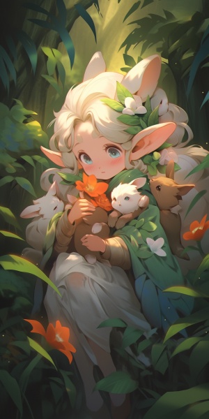 童话森林，抱着一只兔子的精灵