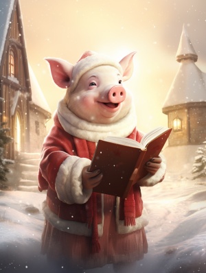 可愛小豬穿聖誕裝在雪中教堂唱聖經歌