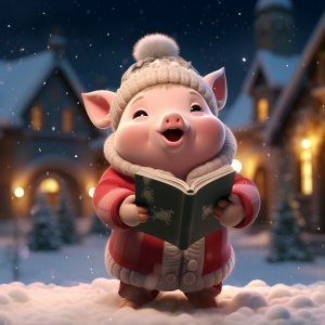 可爱小猪在雪中教堂唱圣诞歌