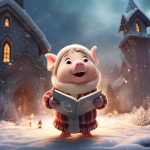 可爱小猪在雪中教堂唱圣诞歌