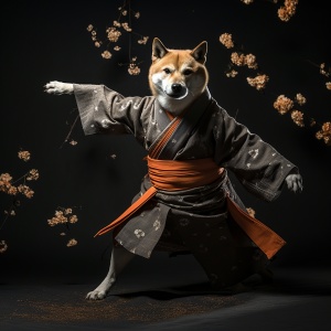 一只shiba,yuten狗正在做一个武术动作，在历史题材的风格，tokina,at-x11-16mm,f2.8,pro,dx,i，概念艺术，东方，灰色和青铜色，详细的橙色花卉服装，掌握透视，阴影，花卉，