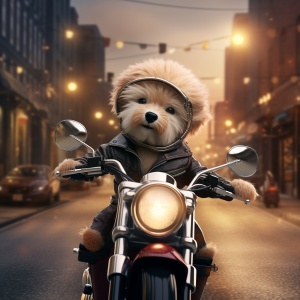 拟人化泰迪幼犬穿着快递员的衣服，在街上骑着摩托车，毛茸茸的，长镜头，极好的灯光，体积，大光圈，超高质量，高细节，8k,3D渲染，渲染，精细光泽，超细节