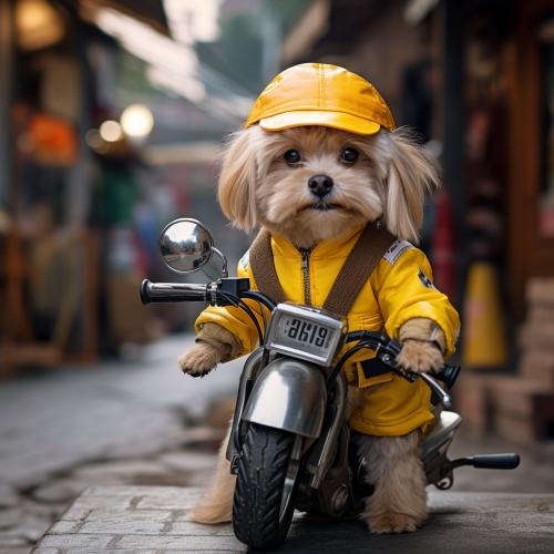 一只迷你的小柴犬，这只柴犬是一名外卖工人，有着美丽的眼睛，穿着黄色的外卖服装，骑着摩托车，道路背景，拟人化，真照片，真照片，构图经典，名作，精致，色彩校正，视觉效果惊人，细节疯狂，细节复杂，对焦清晰，高清，8k