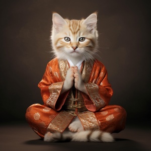 穿中国衣服的小猫咪，盘腿坐，合拢双手闭上眼睛，练习者姿势，拟人化，正面观，全身画像，禅意，配色简单，清晰度高，细节丰富