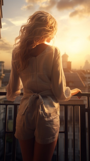 Woman Standing on Balcony Watching Sunrise