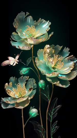 逼真美丽：三朵发光3D线条组成的牡丹花全息光效