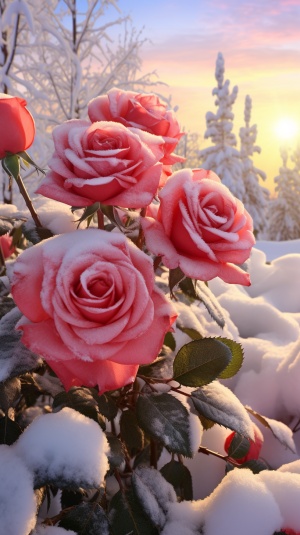红色玫瑰被雪覆盖的浪漫风景