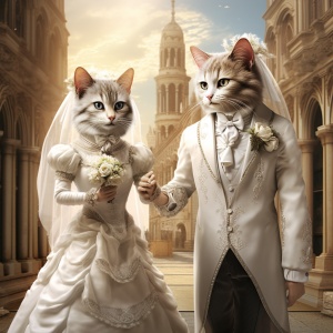 两只猫咪牵着手，一个穿着西装一个穿着婚纱，拟人化，教堂背景，逼真，非常详细，12k渲染，细节清晰，大师作品，由佳能400d拍摄