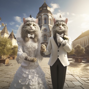 两只猫咪牵着手，一个穿着西装一个穿着婚纱，拟人化，教堂背景，逼真，非常详细，12k渲染，细节清晰，大师作品，由佳能400d拍摄
