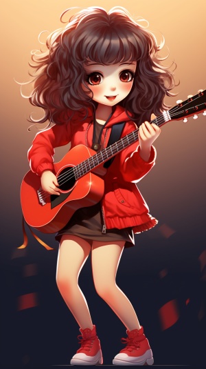 Cute Cartoon Chinese Girl with Guitar: Trendy Fashion and Advanced Technology in 3D Rendering