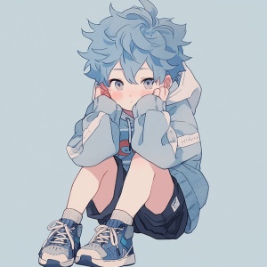 冷静的小男孩穿着蓝色卫衣、短裤和球鞋