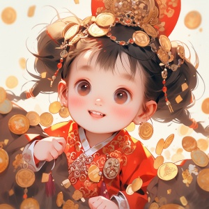 可爱的中国五岁女宝宝身穿汉服，白皙皮肤，大大的眼睛