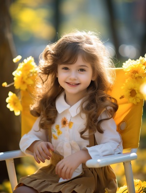 一个可爱小女孩坐在公园的椅子上，穿着连衣裙，温暖的阳光，高清
