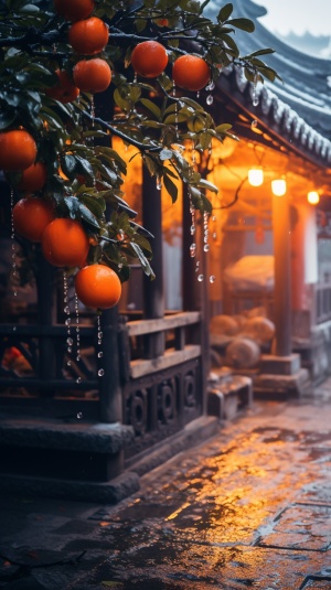 城角上的巨大柿树，挂满红柿子，被雪覆盖，江南古镇传统景观，静谧美丽，高清细节，软月光，软色彩，8K，新幸福