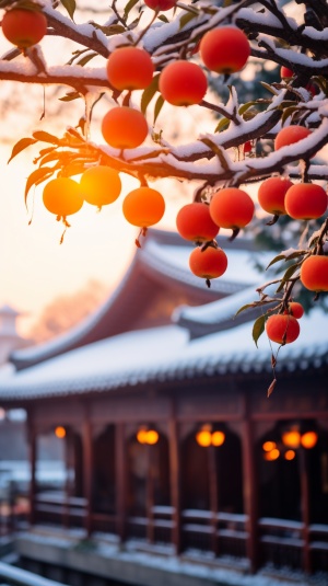 城角上的巨大柿树，挂满红柿子，被雪覆盖，江南古镇传统景观，静谧美丽，高清细节，软月光，软色彩，8K，新幸福