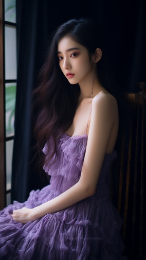 高挑女孩微卷黑发穿紫裙，像Angelababy