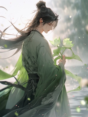 full,body,,a,handsome,man，fluttering,black,hair,,in,a,green,traditional,chinese,dress,holding,with,lotus,leaves,dancingdreamy,landscapes,,light,green,and,pink,,soft,lightclose-up,,Advanced,photography,with,clean,,fresh,and,ultra-high,detail,imagery,shot,with,a,high-definition,lens,to,create,a,realistic,and,lifelike,aestheticuhd,image,ar,2:3s,180,niji,5,v,5.1