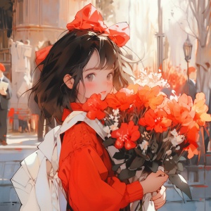 Beautiful Girl Holding Flowers in Animated Illustration Style