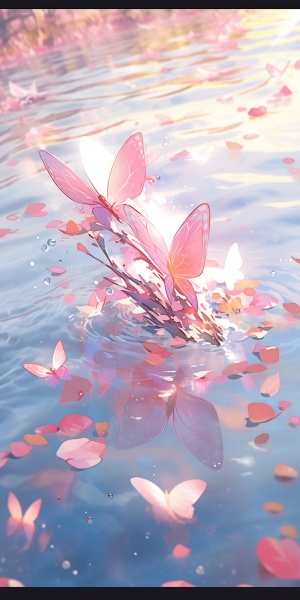 粉红色的蝴蝶在水下，正在往水面飞。淡水淡的阳光倒进水面打在蝴蝶身上，超清晰的细节，高清画质