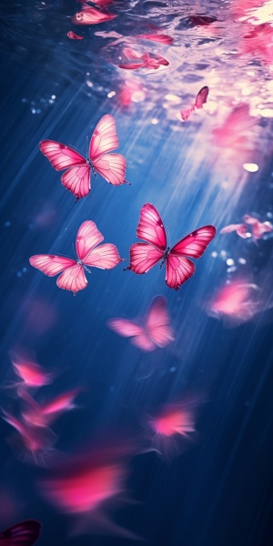 粉红色的蝴蝶在水下。淡水淡的阳光倒进水面打在蝴蝶身上，超清晰的细节，高清画质