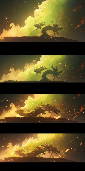 中国金龙在喷火的画面，形成九图gif连续帧序列，间隔2帧，分30帧，背景为绿色，动漫风格，动作夸张，线条风格，高细节，bleader,中心构图