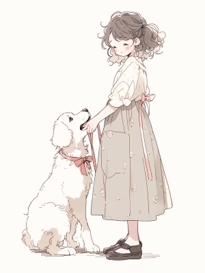可爱女生与雪纳瑞幼犬的Q版简笔画