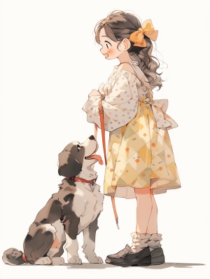 Q版简笔画女孩手账旁边的可爱雪纳瑞幼犬