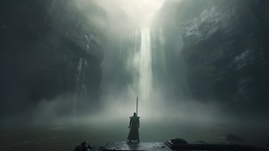 一人一剑一江湖，古风，8k，站在山脚下。仰望瀑布，雾气缭绕好似人间仙境。