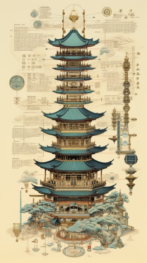 Poster of an Architectural Diagram: Ukiyo-e, Gold and Cyan, Religious Belief Collection