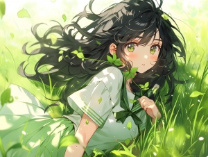 可爱黑发绿瞳女孩草丛中的淡绿裙子