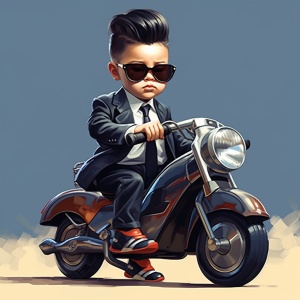 画画高级版,一个肌肉发达的中国男孩，穿着西装，戴着太阳镜，侧身坐在一辆很酷的摩托车上，背景很简单，可爱的婴儿风格，超现实主义，现实主义，8k,v,4