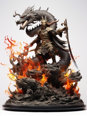 中国风龙人模型雕塑带火焰方天画戟