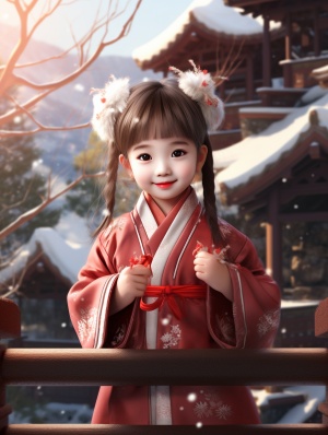 五岁的中国小女孩，红色的汉服，可爱的圆脸，正面对着镜头在微笑，坐在木结构台阶上，自信可爱迷人，背景是房子和松柏树，树枝和叶子上结满了霜，冬天的景色，CG渲染。