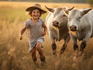嬉戏的放牛儿童与水牛