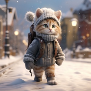 一只可爱的小猫咪，穿着时尚冬天的衣服，拟人化，走在乡村街道，冬天，冰雪天气，下大雪，逼真，非常详细，12k渲染，细节清晰，大师作品，由佳能400d拍摄