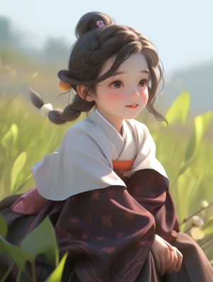 2,year,old,girl,,Chinese,blind,box,style,,Song,Dynasty,,short,hair,up,,flowing,hairband,,innocent,smile,,purple,silk,hanbok,,sitting,in,the,clouds,,dreamy,,depth,of,field,,close,up,,Unreal,Engine,,HD,,super,detail,,16k,ar,3:4,s,250,niji,5