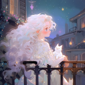 下雪天，夜晚，一个波浪发型少女，公主裙，阳台，撑着下巴，看星星，白色猫咪，光，