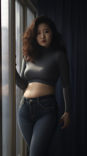 成熟中式美女身穿高领衫，牛仔裤，波浪短发站在窗前