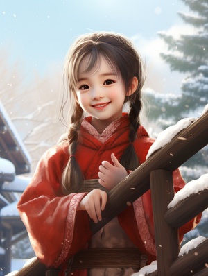 五岁的中国小女孩，红色的汉服，可爱的圆脸，正面对着镜头在微笑，坐在木结构台阶上，自信可爱迷人，背景是房子和松柏树，树枝和叶子上结满了霜，冬天的景色，CG渲染。