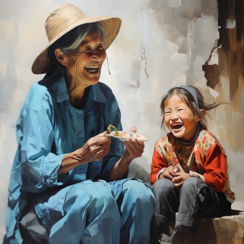 中国山区70多岁老奶对镜画眉走秀，旁边5岁孙女用手潮笑奶奶，饱和构图，乡村风格，粗犷主义，极简主义，自然光