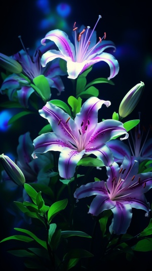 百合花，鲜亮的浅紫色，如紫水晶一样通光透亮，鲜嫩的叶片，如翡翠般，翠绿透亮，3D,8K