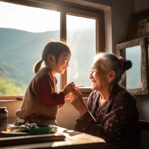 An,elderly,woman,in,her,70s,from,rural,mountainous,China,,is,sitting,in,front,of,a,mirror,,delicately,drawing,her,eyebrows,and,applying,lipstick.,By,her,side,,her,5-year-old,granddaughter,points,at,her,own,face,,giggling,with,joy.,The,composition,is,saturated,with,a,rustic,countryside,style,,embracing,elements,of,roughness,and,simplicity.,Natural,light,permeates,the,scene.