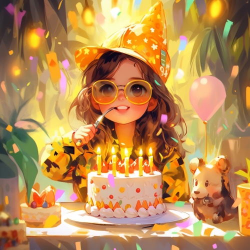 一个小女孩过生日，戴着酷酷的墨镜，手里捧着好看的生日蛋糕，头发是直直的短发，黄棕色，穿着酷酷的衣服，头上戴着生日帽，笑得很开心，背景有气球彩带，艺术字生日快乐