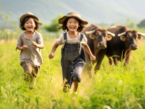 Chinese rural children playing in a mountain grassland